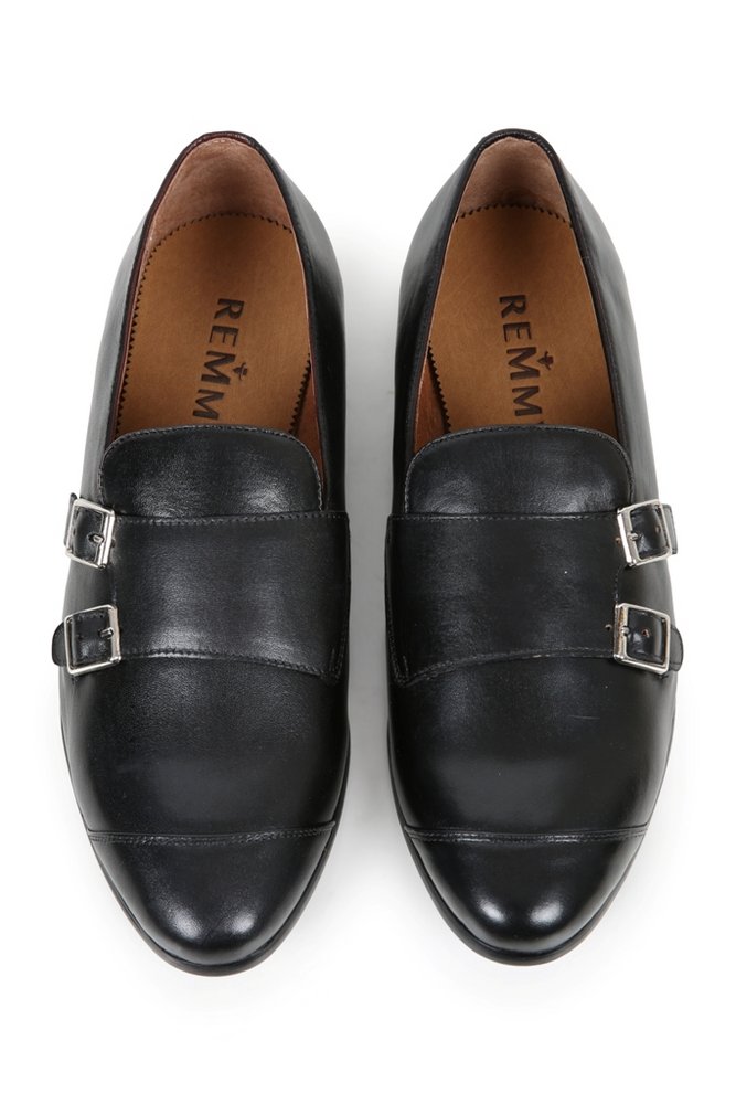 Giày lười đen, đai 2 khóa - viền ngang mũi giày 368-8 sz 40