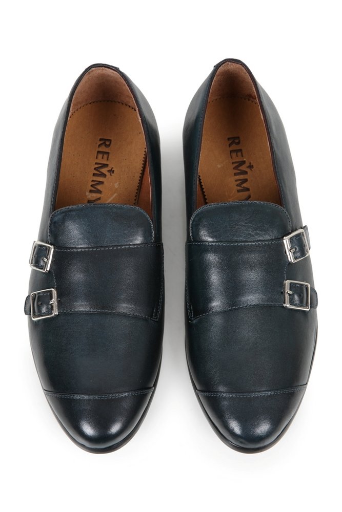 Giày lười xanh - đen, đai 2 khóa - viền ngang mũi giày 368-8 sz 40