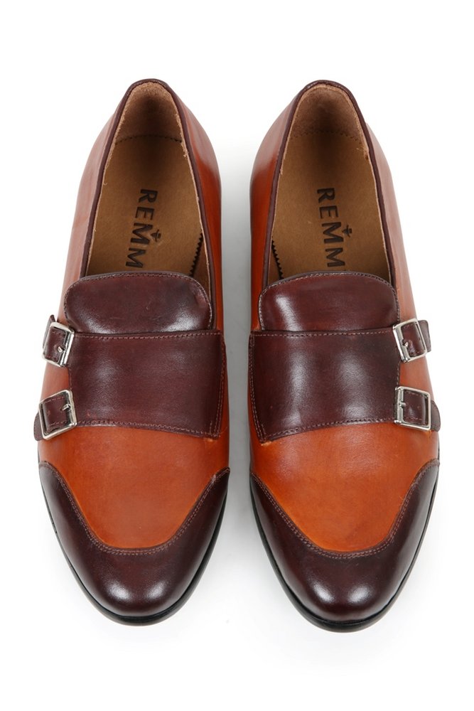 Giày lười vàng nâu, đai 2 khóa - viền cong theo mũi giày 368-9 sz 41