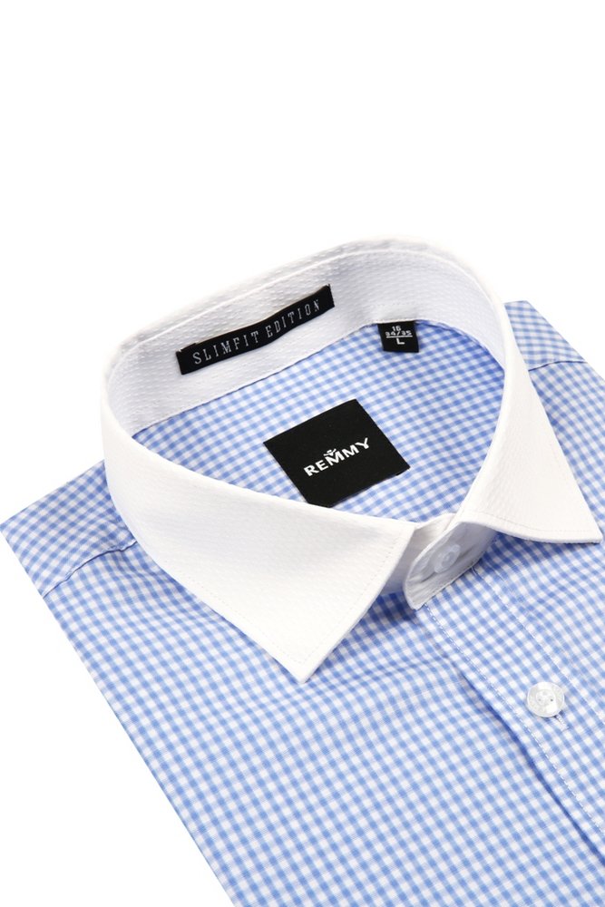 SM kẻ caro xanh lam nhạt- trắng, pha cổ sần