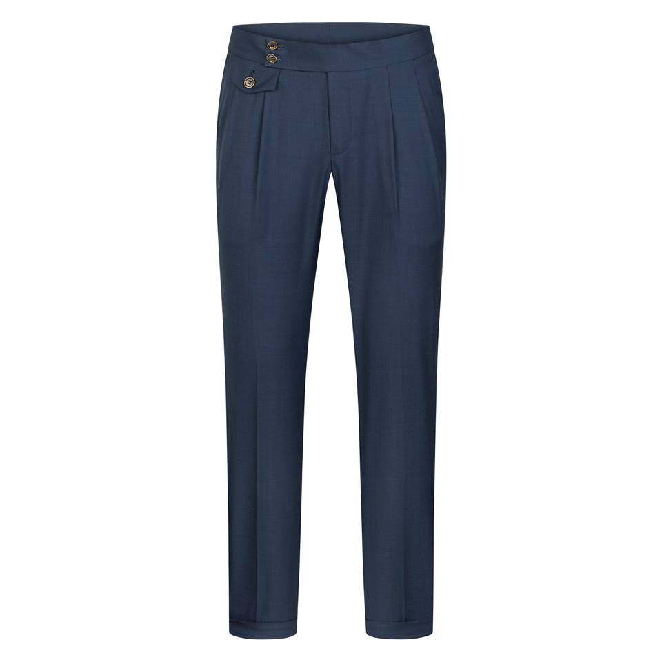 Quần cạp cao xanh navy, nắp ở cạp, gấu lơ vê