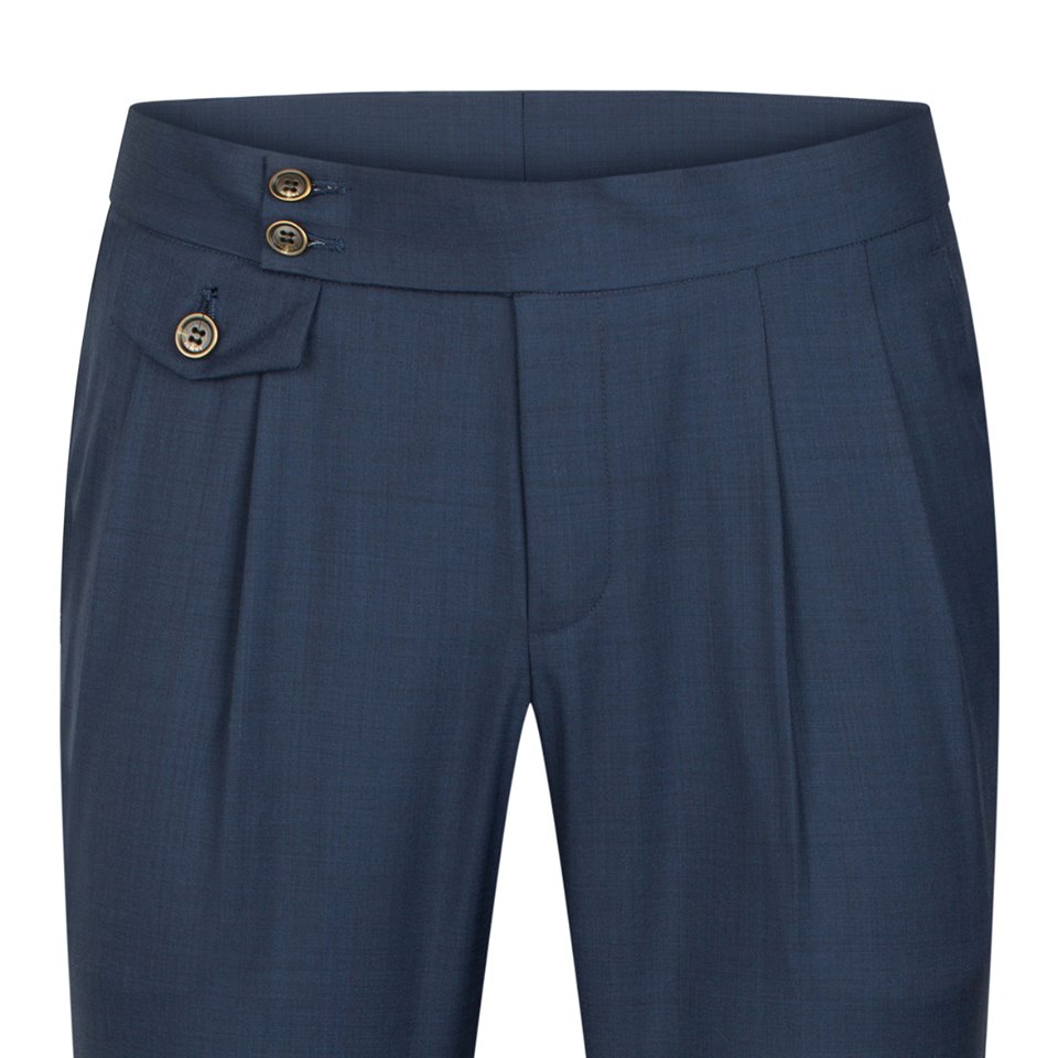 Quần cạp cao xanh navy, nắp ở cạp, gấu lơ vê