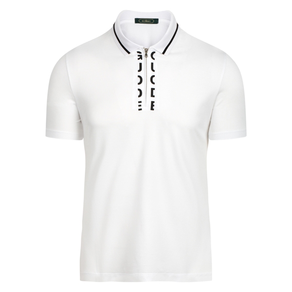 AF polo trắng khóa kéo, in nửa chữ , cổ kẻ đen ngang
