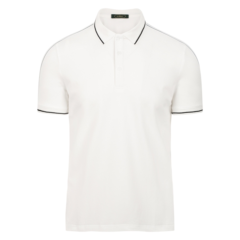 AF polo trắng cổ kẻ viền đen, vai đáp vải lưới trẳng kẻ đen