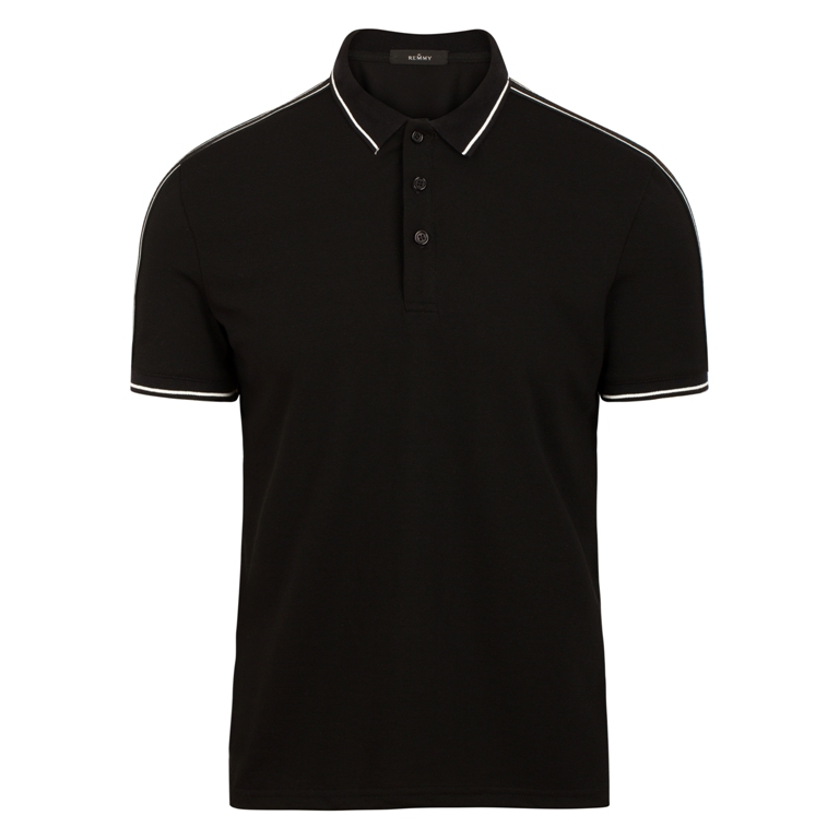 AF polo đen cổ kẻ viền trắng, vai đáp vải lưới đen kẻ trắng