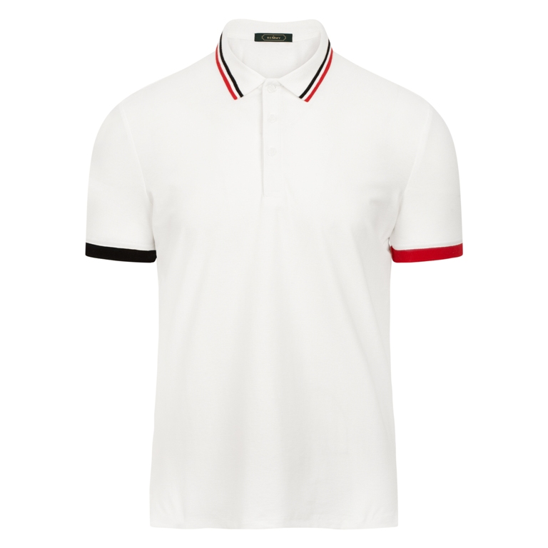 AF polo trắng cổ kẻ đỏ-trắng-đen, gấu tay bên đỏ bên đen