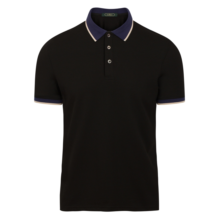 AF polo đen, cổ+ gấu tay xanh navy kẻ viền be