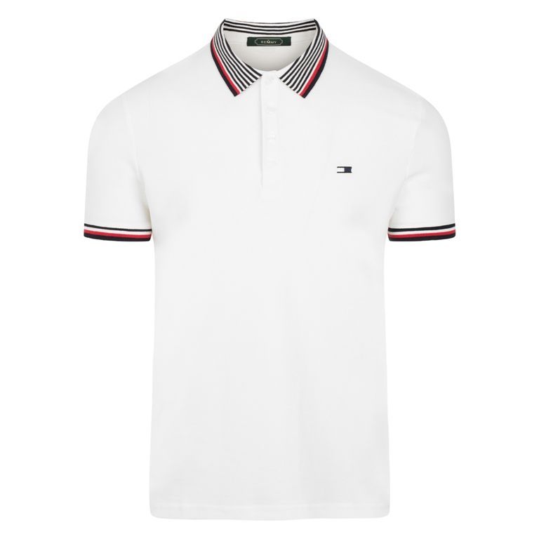 AF polo trắng, cổ kẻ ngang tím than đỏ- trắng 8986