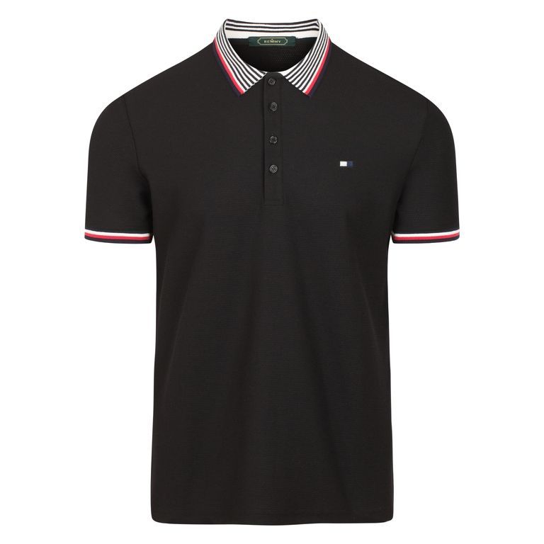 AF polo đen, cổ kẻ ngang tím than đỏ- trắng 8986