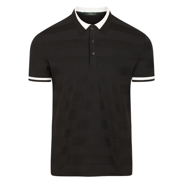 AF polo đen kẻ chìm nổi, cổ+ ống tay đen- trắng 8023