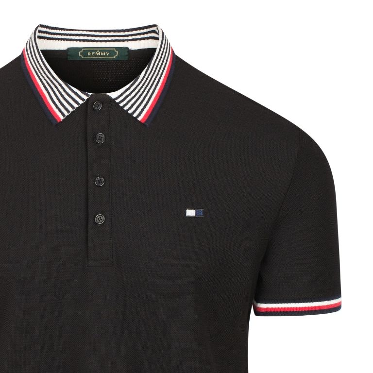 AF polo đen, cổ kẻ ngang tím than đỏ- trắng 8986