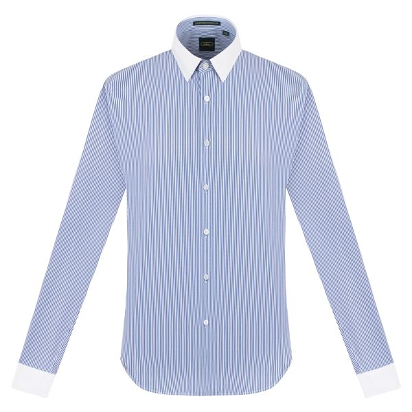 SM kẻ sọc xanh dương- trắng, pha cổ trắng- cufflink tay