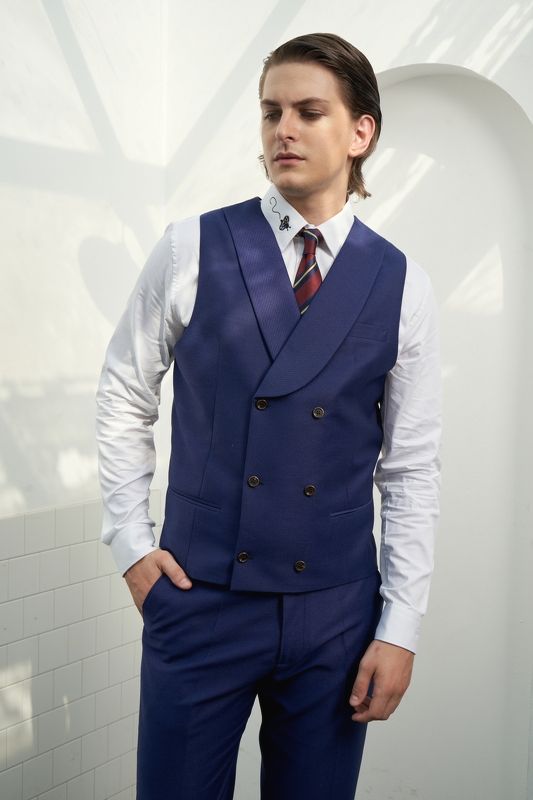 ZV xanh coban, vải sần bóng, 2 khuy size S