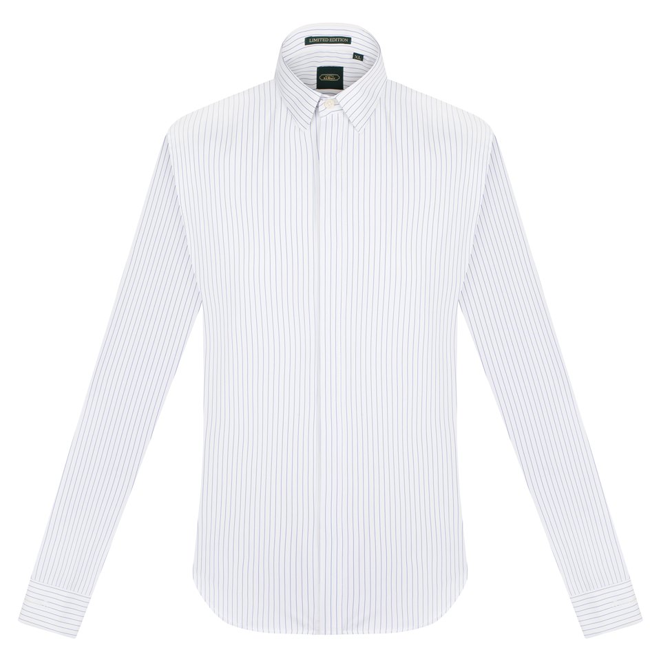 SM trắng kẻ sọc nhỏ vừa xanh dương đậm, cufflink tay