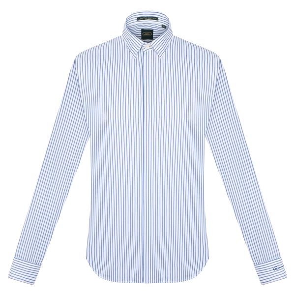 SM kẻ sọc nhỏ vừa xanh dương đậm- trắng, cufflink tay