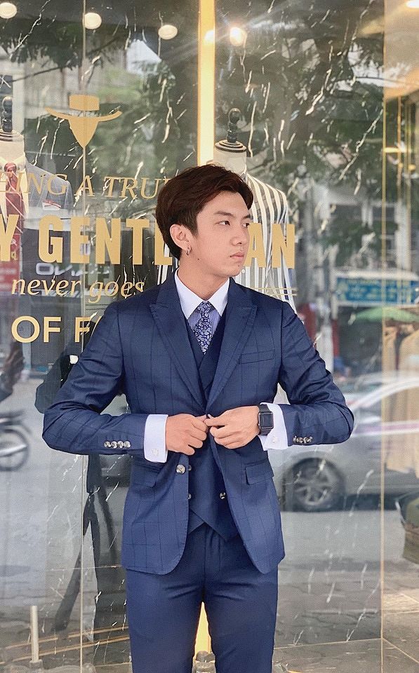 Vest xanh tt kẻ xanh navy ô vuông to, 1 khuy