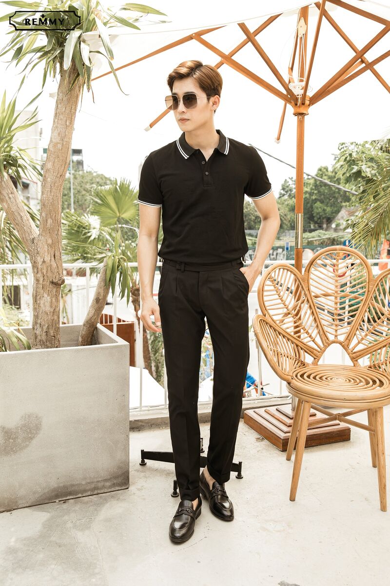 AF đen, cổ+ ống tay kẻ 2 viền nhỏ trắng