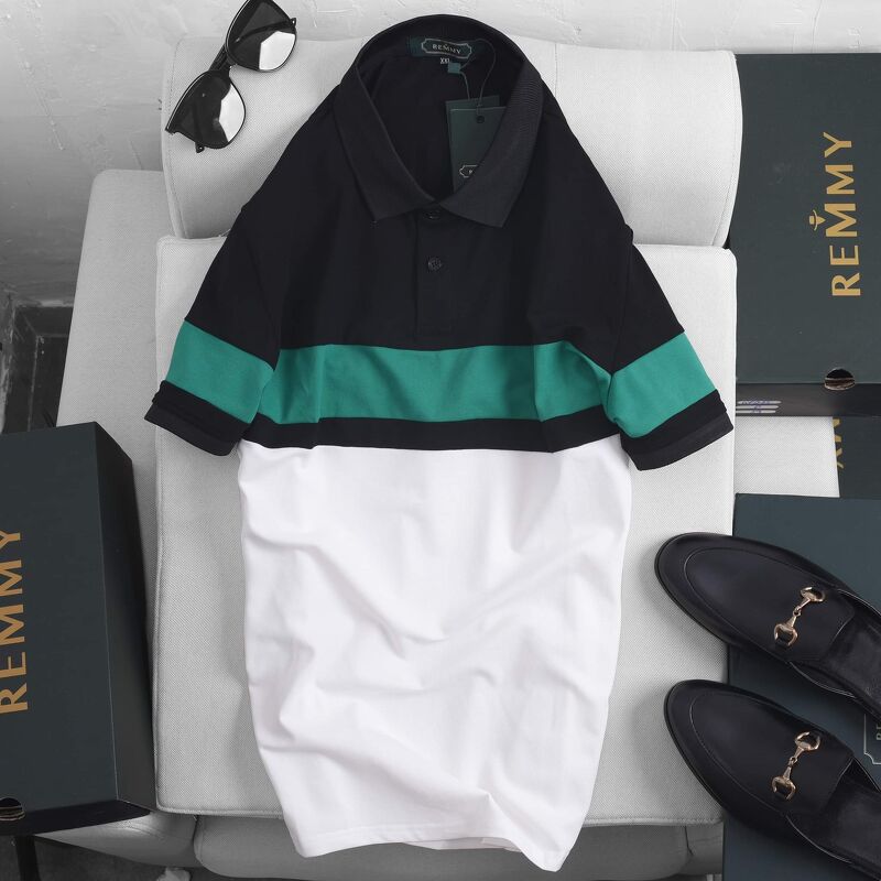 AF polo nửa đen- nửa trắng, kẻ ngang xanh lá 1120