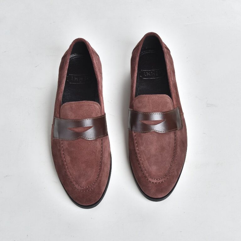 Giày lười da lộn nâu tím, đai da đục tam giác sz 40