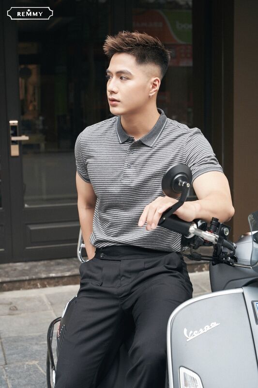 AF polo kẻ ngang ghi- trắng- 6633