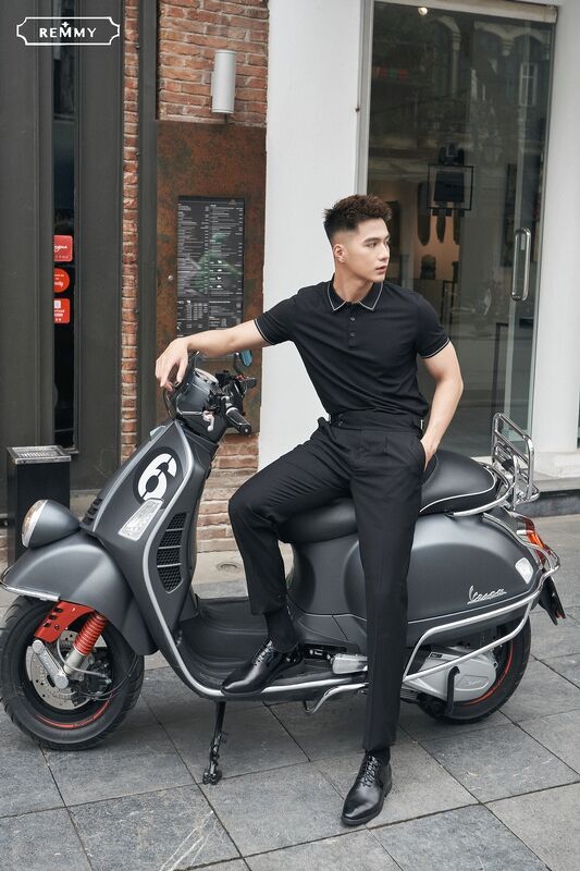 AF polo đen, kẻ đột chỉ trắng cổ- ống tay #6621