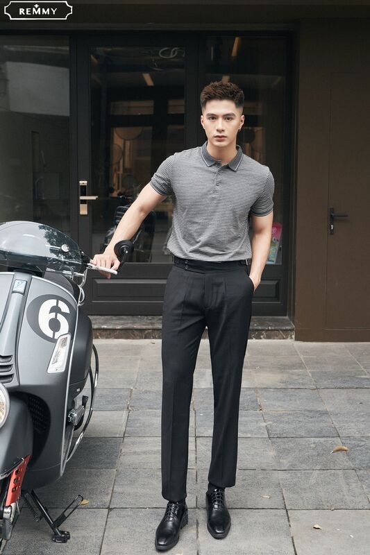 AF polo kẻ ngang ghi- trắng- 6633