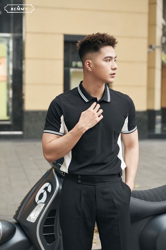 AF polo thân đen- sườn trắng, kẻ cổ ống tay đen- trắng #6609