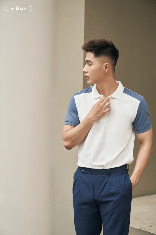 AF polo trắng, vai+ cánh tay xanh co ban nhạt #6619