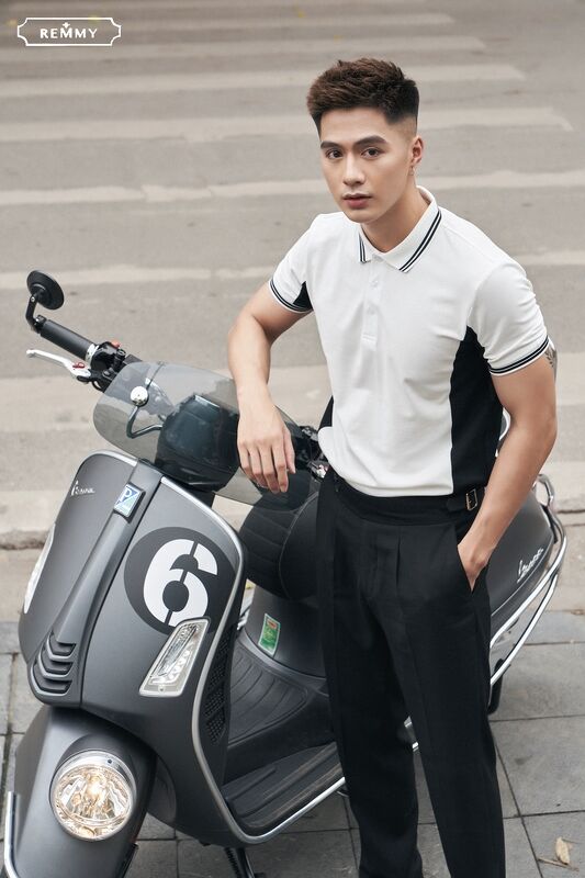 AF polo thân trắng- sườn đen, kẻ cổ ống tay đen- trắng #6609