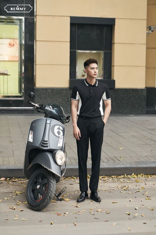 AF polo thân đen- sườn trắng, kẻ cổ ống tay đen- trắng #6609