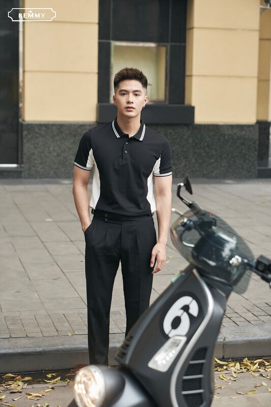 AF polo thân đen- sườn trắng, kẻ cổ ống tay đen- trắng #6609
