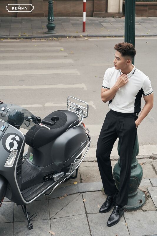 AF polo thân trắng- sườn đen, kẻ cổ ống tay đen- trắng #6609