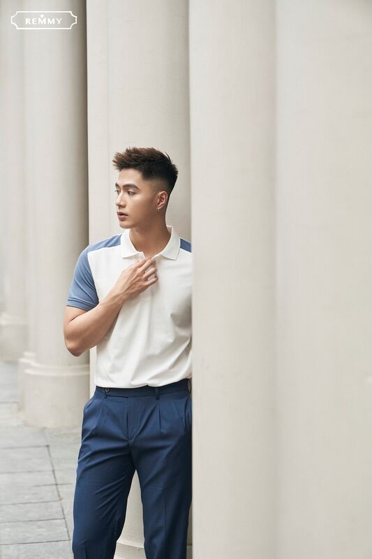 AF polo trắng, vai+ cánh tay xanh co ban nhạt #6619