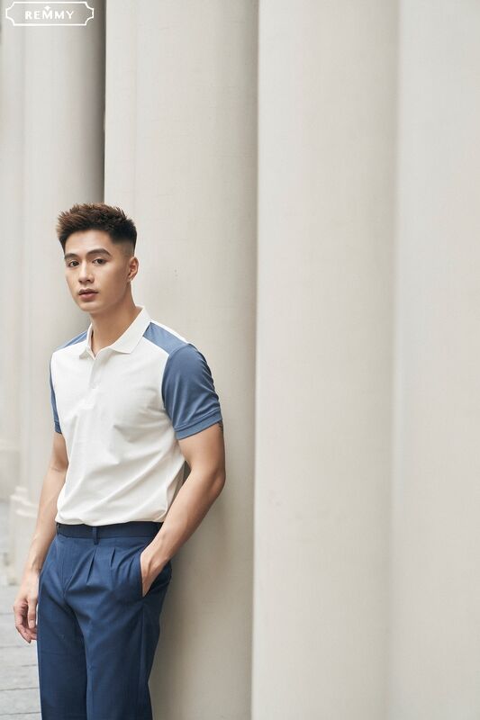 AF polo trắng, vai+ cánh tay xanh co ban nhạt #6619