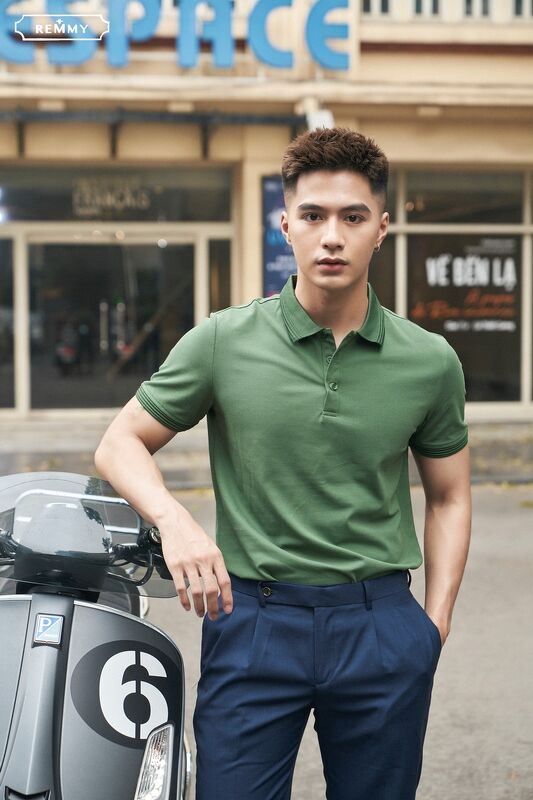 AF polo xanh matcha, kẻ sần cổ+ ống tay #6601
