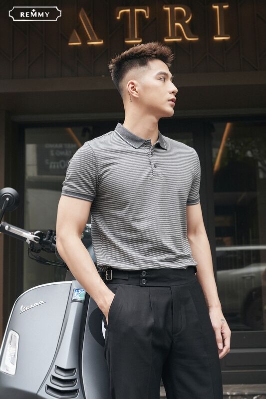 AF polo kẻ ngang ghi- trắng- 6633