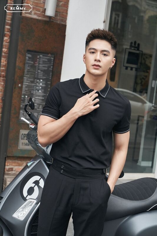 AF polo đen, kẻ đột chỉ trắng cổ- ống tay #6621