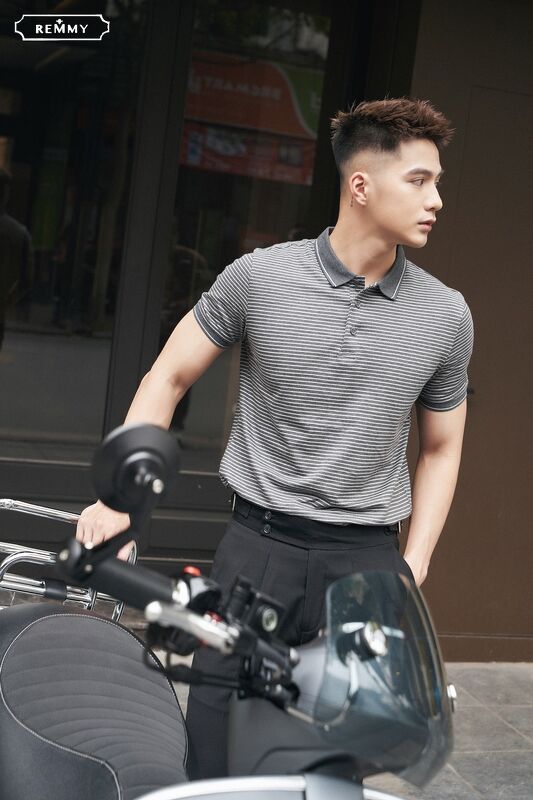 AF polo kẻ ngang ghi- trắng- 6633