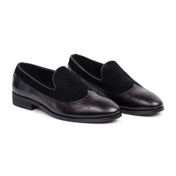 Giầy lười đen, đục lỗ cánh én, phối da lộn đen sz 39