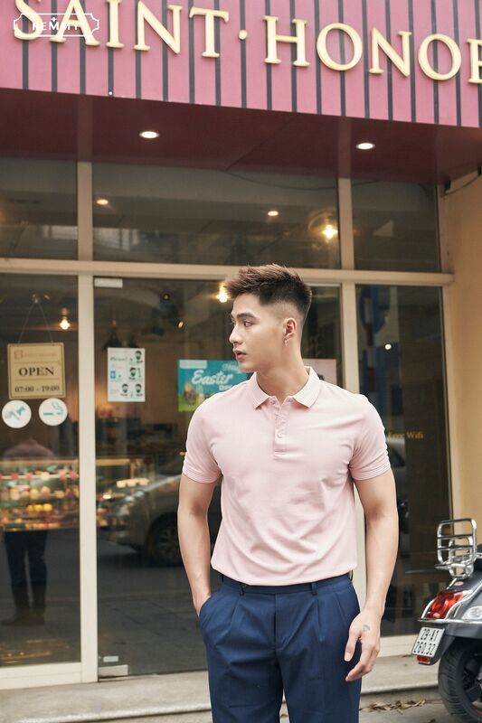 AF polo hồng phấn, kẻ sần cổ+ ống tay #6601