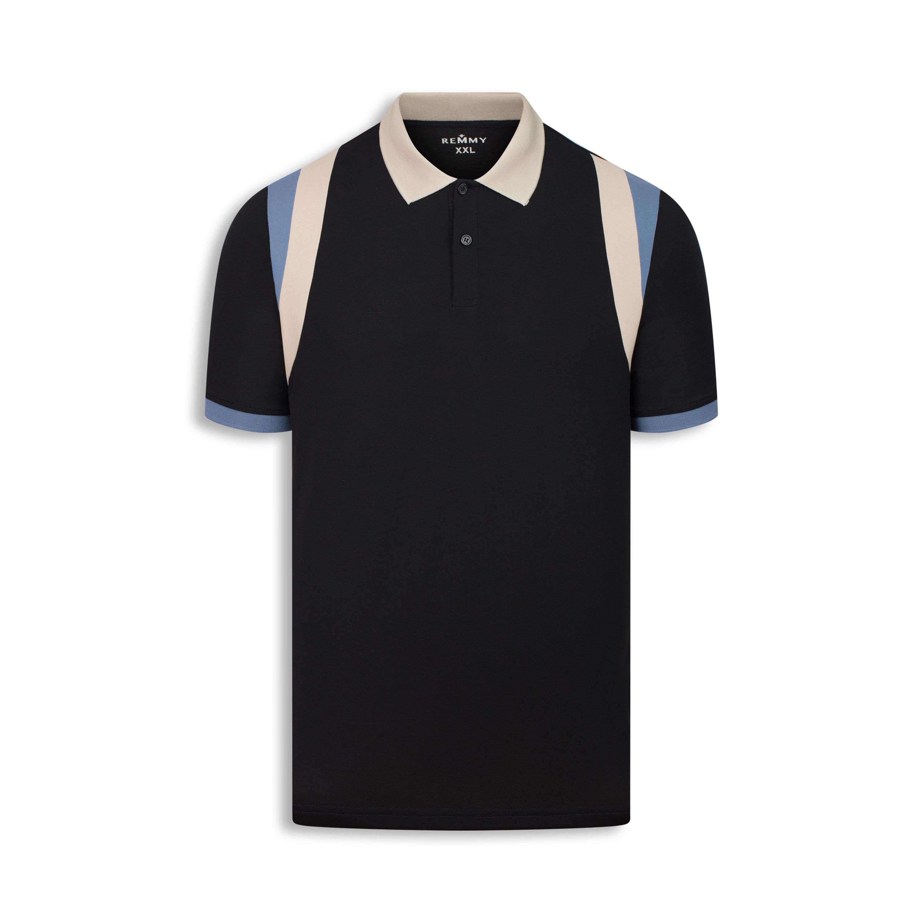 AF polo đen, cổ+ vòm ngực be- ống tay xanh dương #2201
