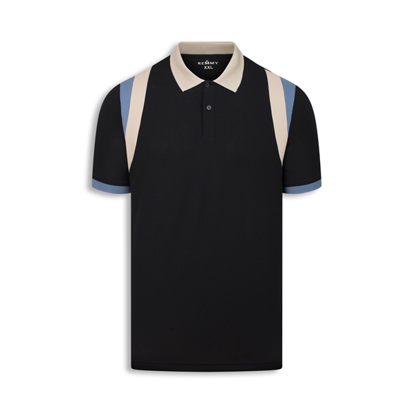 AF polo đen, cổ+ vòm ngực be- ống tay xanh dương #2201