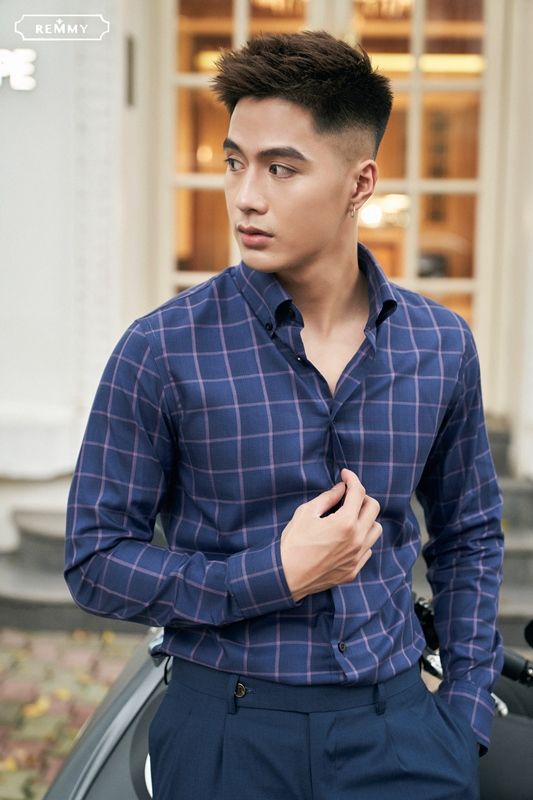 SM xanh tt kẻ hồng ô vuông to, cài cúc lá cổ