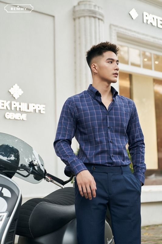 SM xanh tt kẻ hồng ô vuông to, cài cúc lá cổ