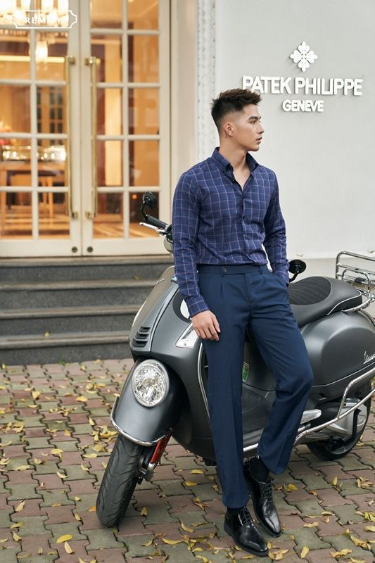 SM xanh tt kẻ hồng ô vuông to, cài cúc lá cổ