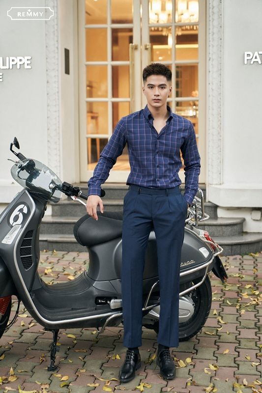 SM xanh tt kẻ hồng ô vuông to, cài cúc lá cổ
