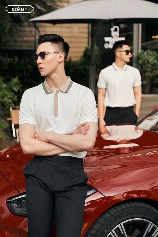 AF polo trắng, cổ+ cài khuy be, nửa xanh rêu #2203