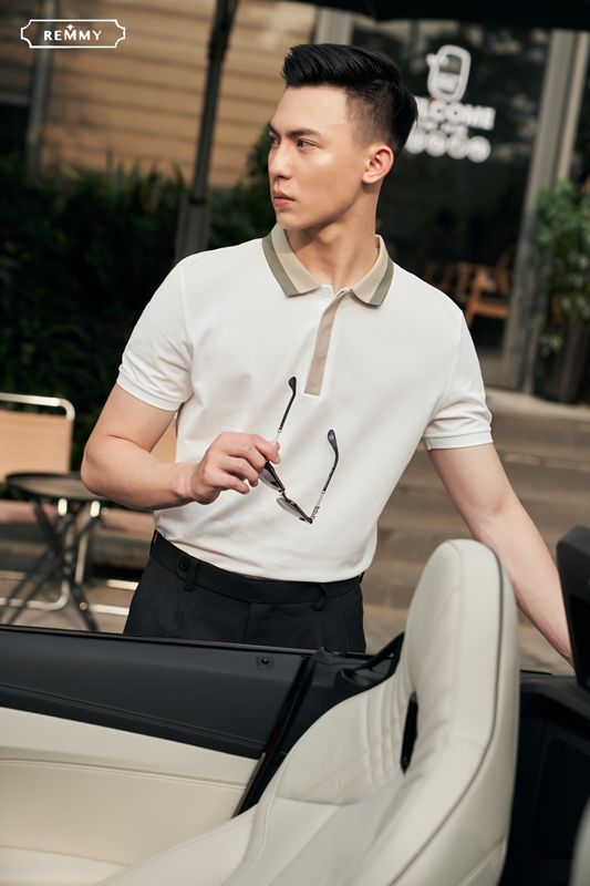 AF polo trắng, cổ+ cài khuy be, nửa xanh rêu #2203