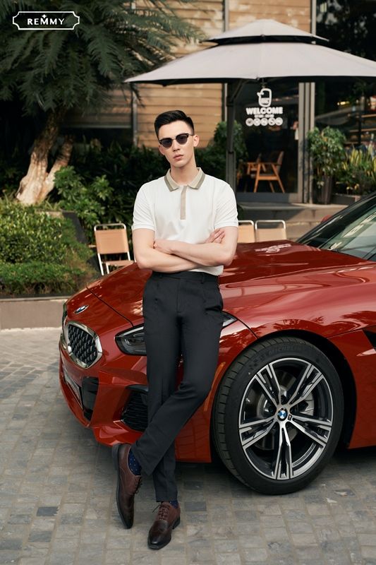 AF polo trắng, cổ+ cài khuy be, nửa xanh rêu #2203