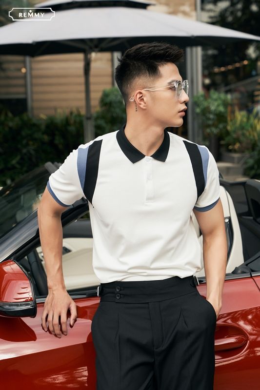 AF polo trắng, cổ+ vòm ngực đen- ống tay xanh dương #2201